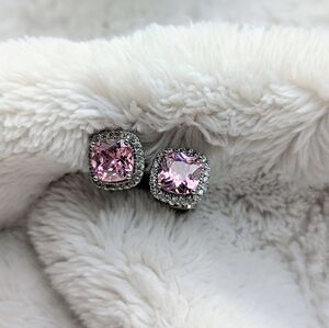 Cushion Cut Pink Halo Stud Earrings | Silver Tone Barbiecore Royal Regency Glam